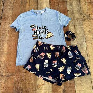 Weekend Edition Blue 3 piece sleep shirt sleep shorts and scrunchi size small